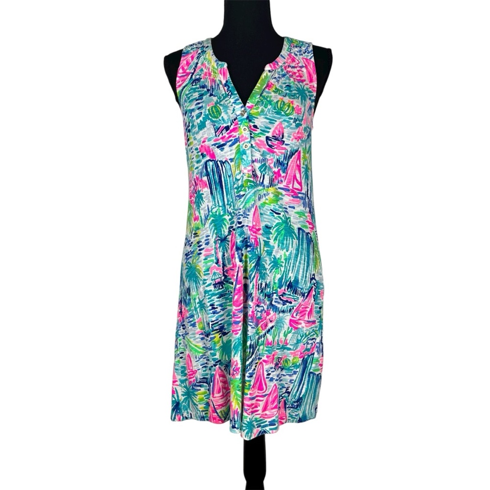 Lilly Pulitzer Sleeveless‎ Henley Dress Tropical Sailboat Print Size XXS